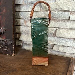Vintage Vase/wall pocket with removable wicker handle. Textured